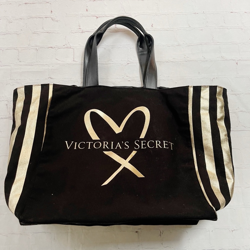 Victoria’s Secret black canvas large tote bag with gold stripes lined zip pouch